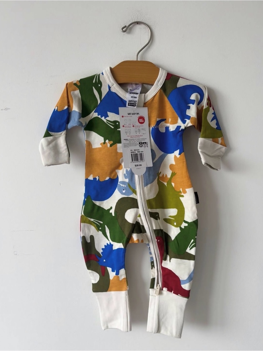 Bonds Dino Zip-Front Footed Romper - Blue, Green, Mustard, Red, White